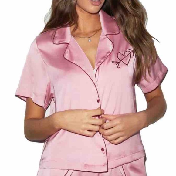 Urban Outfitters Other - Out From Under x Wild Lovers Pink Pajama Shirt Button Down Heart Satin Large